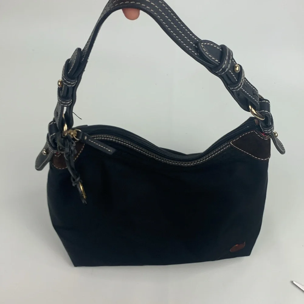 Dooney & Bourke Black leather Nylon Shoulder Bag Gold charm Pink lined Serial #